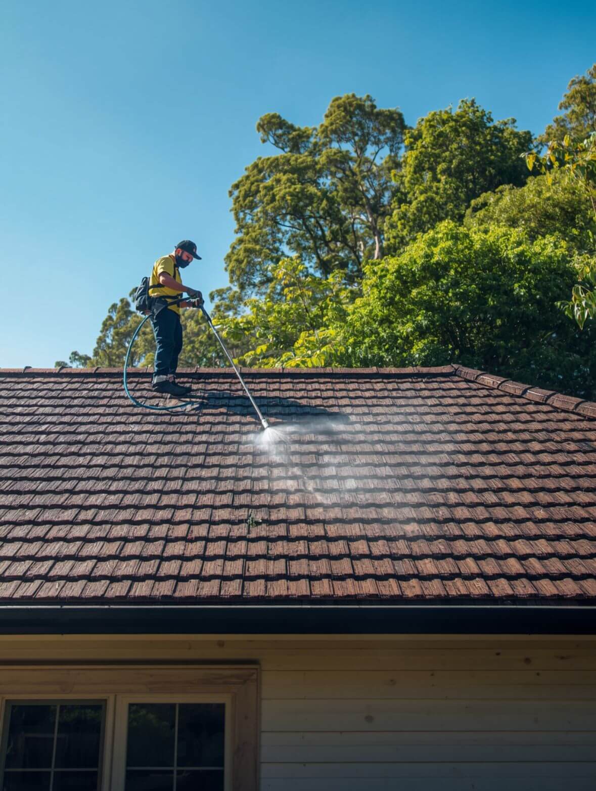 man cleaning roof of house
